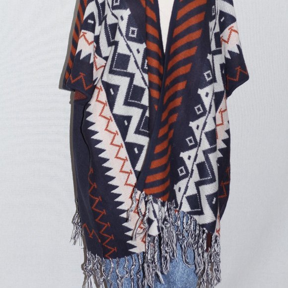 Blue & Orange Wool Tribal Fringe Shawl - Picture 7 of 15